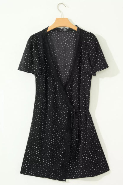 Polka Dot Print Lace Trim Wrap Mini Dress
