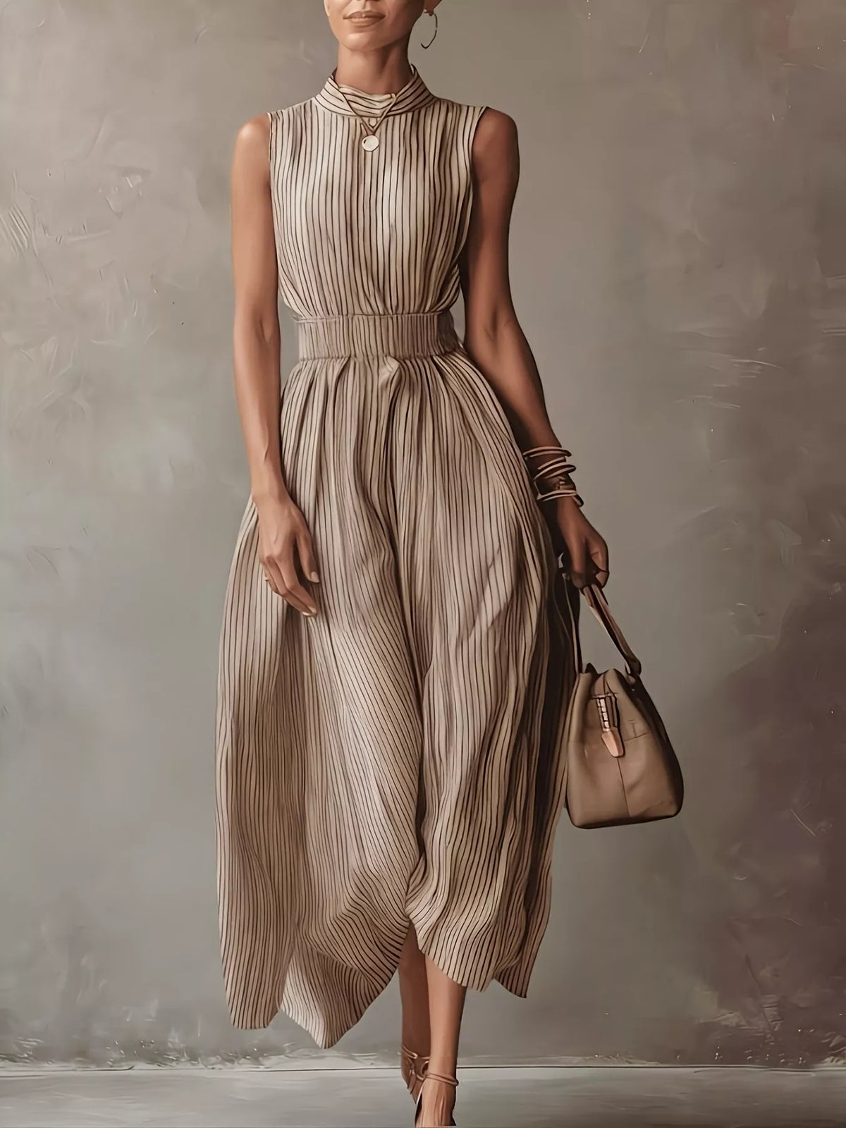 Striped Mock Neck Sleeveless Maxi Dress