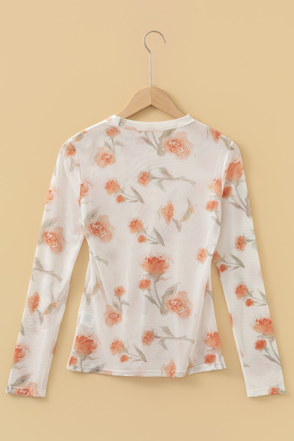 Red Plus Size Floral Print Sheer Mesh Long Sleeve Top