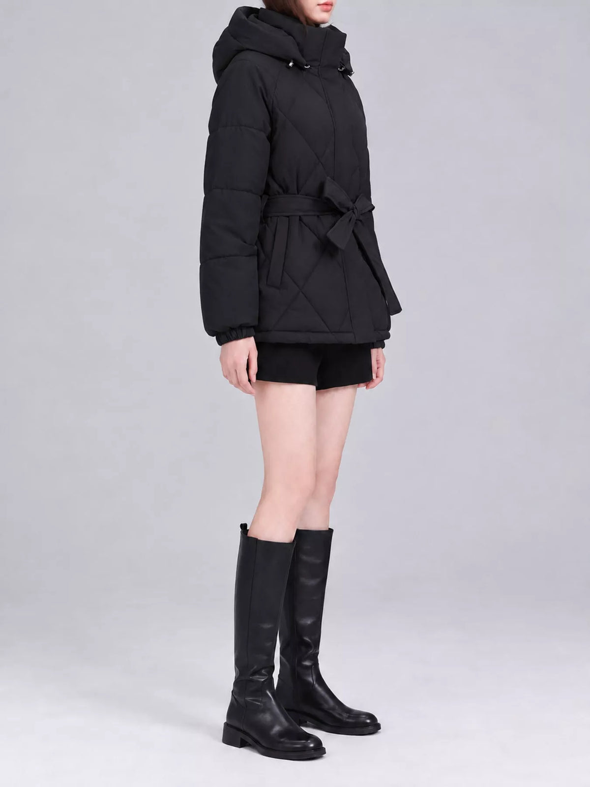 Quilted Waist Belt Hooded Puffer Outerwear