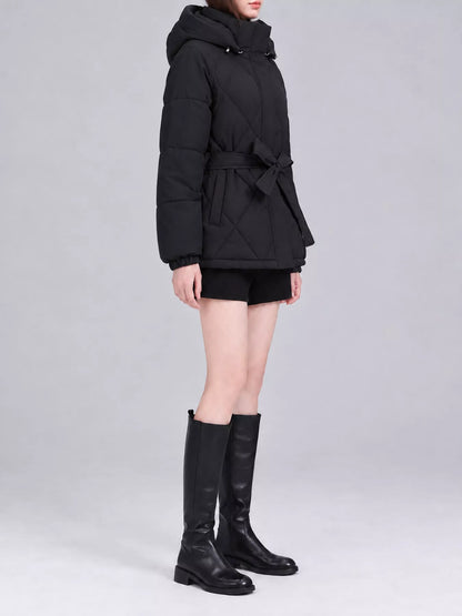 Quilted Waist Belt Hooded Puffer Outerwear
