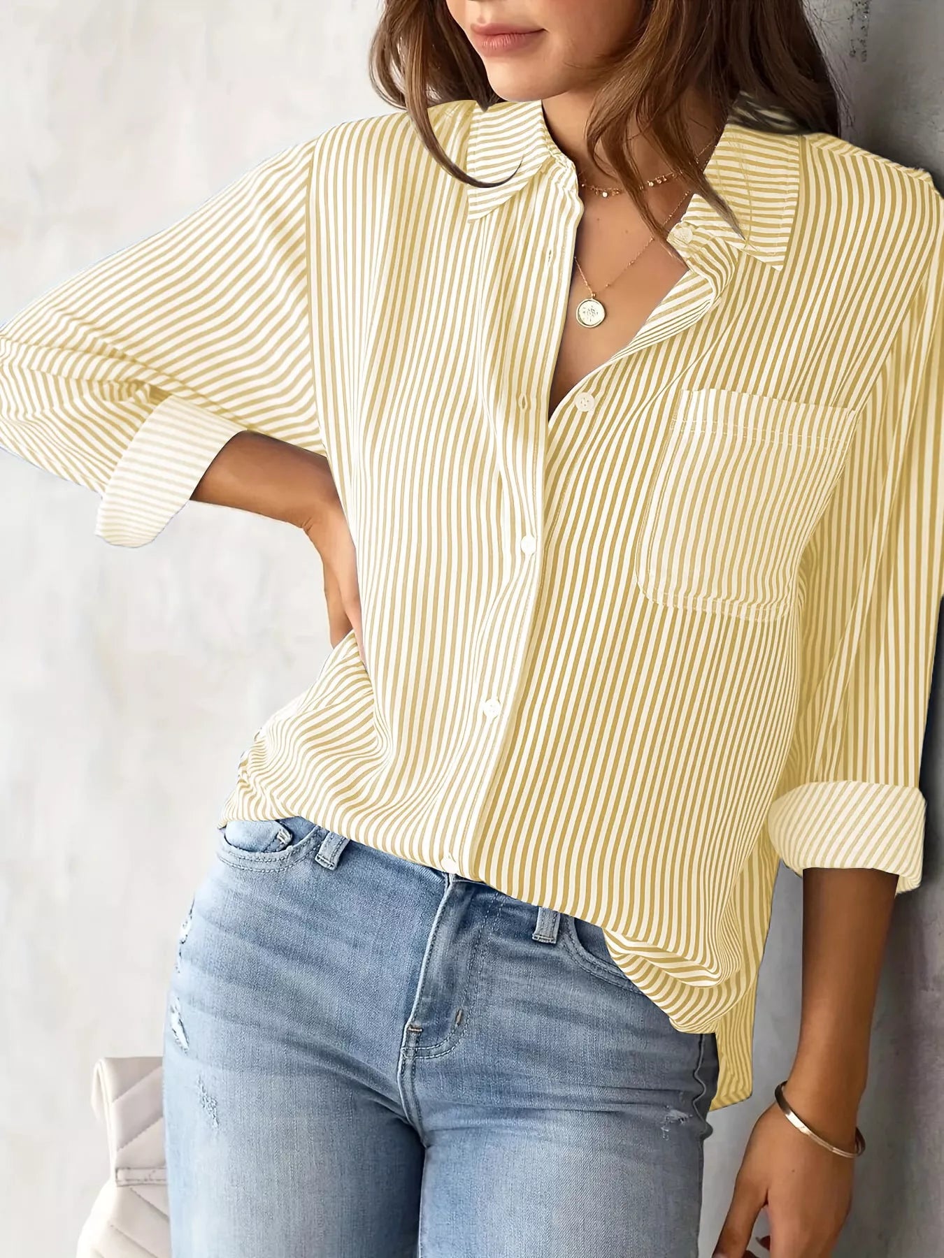 Full Size Striped Button-Down Long Sleeve Shirt Plus Size