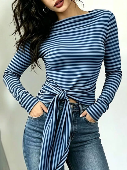 Long Sleeve Striped T-Shirt with Front Tie Detail