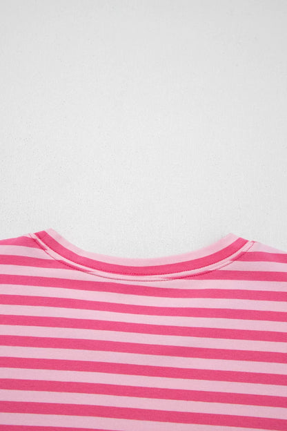 Stripe Drop Shoulder Round Neck Top and Buttoned Straight Pants Two Piece Set