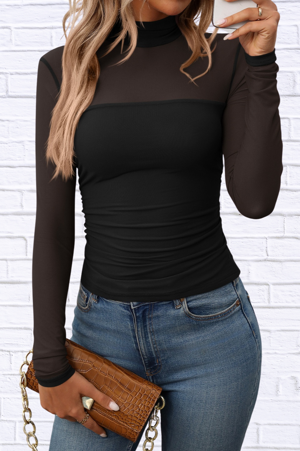 Mock Neck Long Sleeve Top Black M