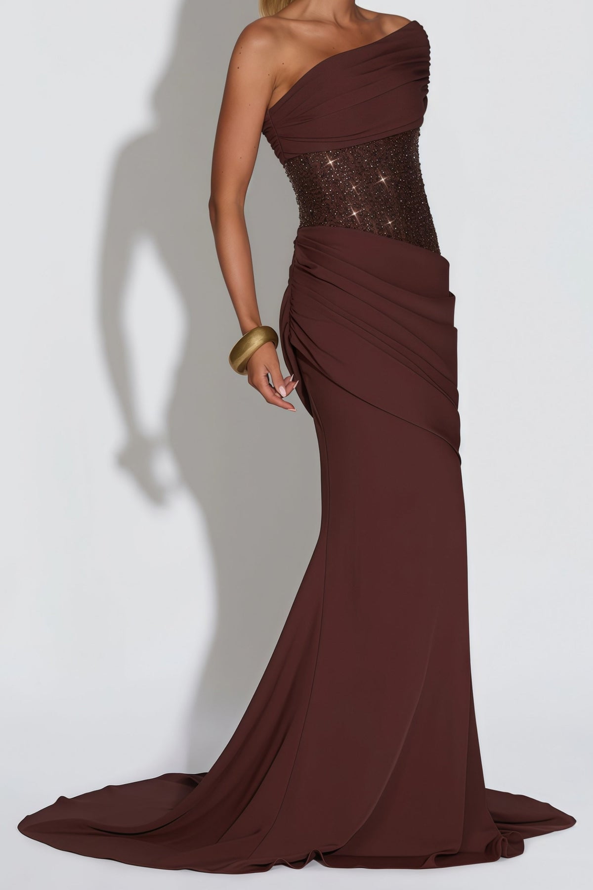 Giada Brown Sequined Asymmetrical Ruched Maxi Gown