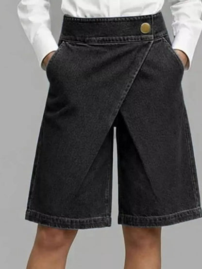 Full Size High-Waisted Wrap-Front Denim Look Shorts Plus Size