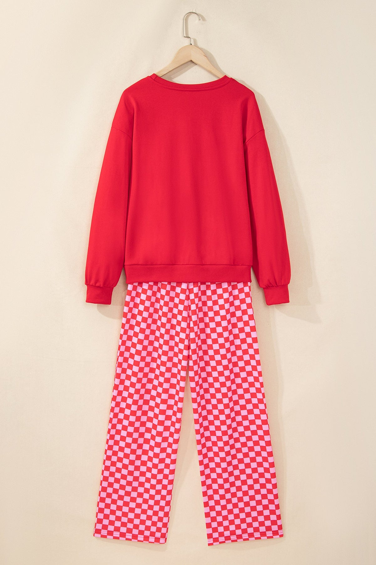 Red Christmas Slogan Graphic Plaid Contrast Two-piece Pant Set