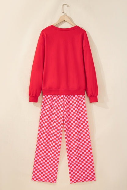 Red Christmas Slogan Graphic Plaid Contrast Two-piece Pant Set