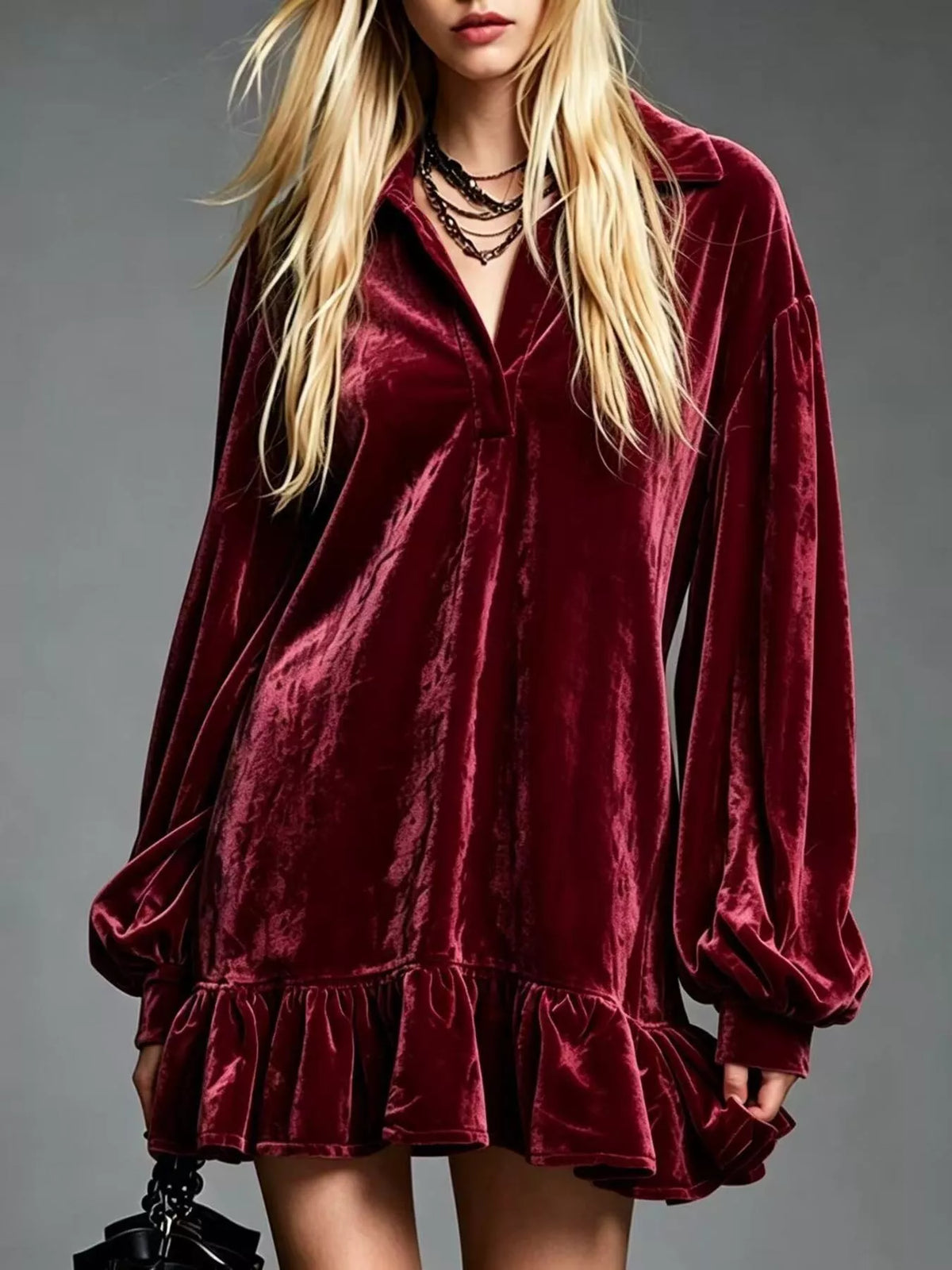 Full Size Velvet Long-Sleeve Ruffle Hem Mini Dress Plus Size