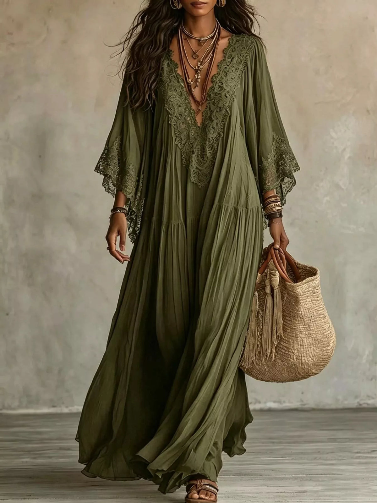 Lace Trim V-Neck Maxi Dress | Feminine Boutique Style