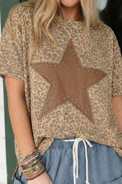 Leopard Print Star Studded Casual T-Shirt