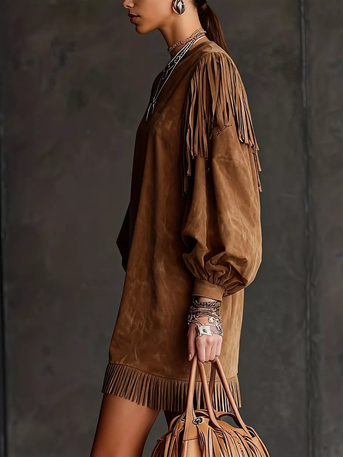 Suede Fringe Lantern Sleeve Mini Dress