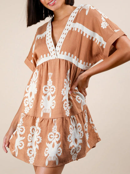 Printed V-Neck Short Sleeve Mini Dress