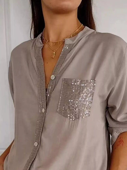 Full Size Sequin Detail Button-Down Shirt Plus Size