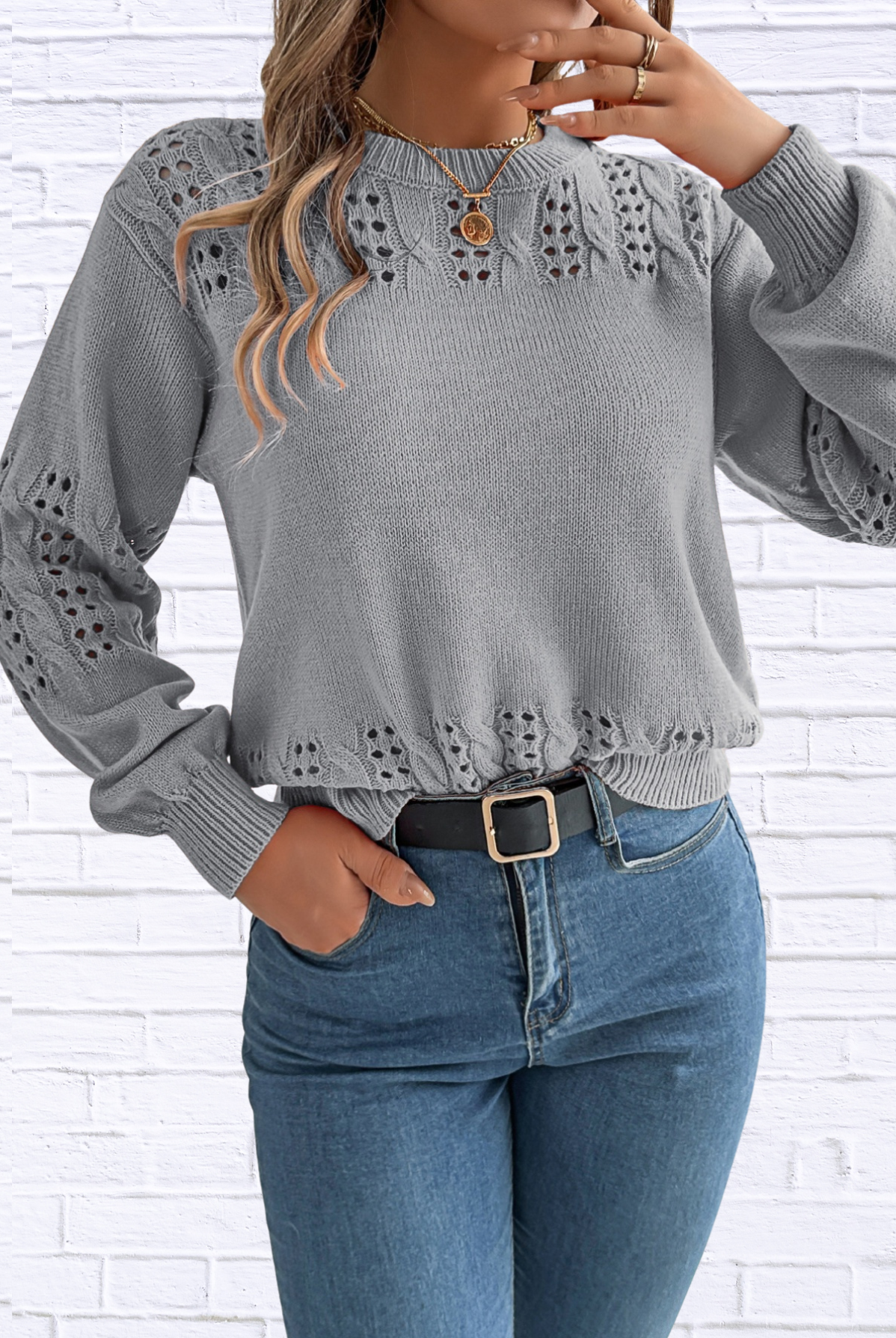 Hollow Out Eyelet Long Sleeve Sweater