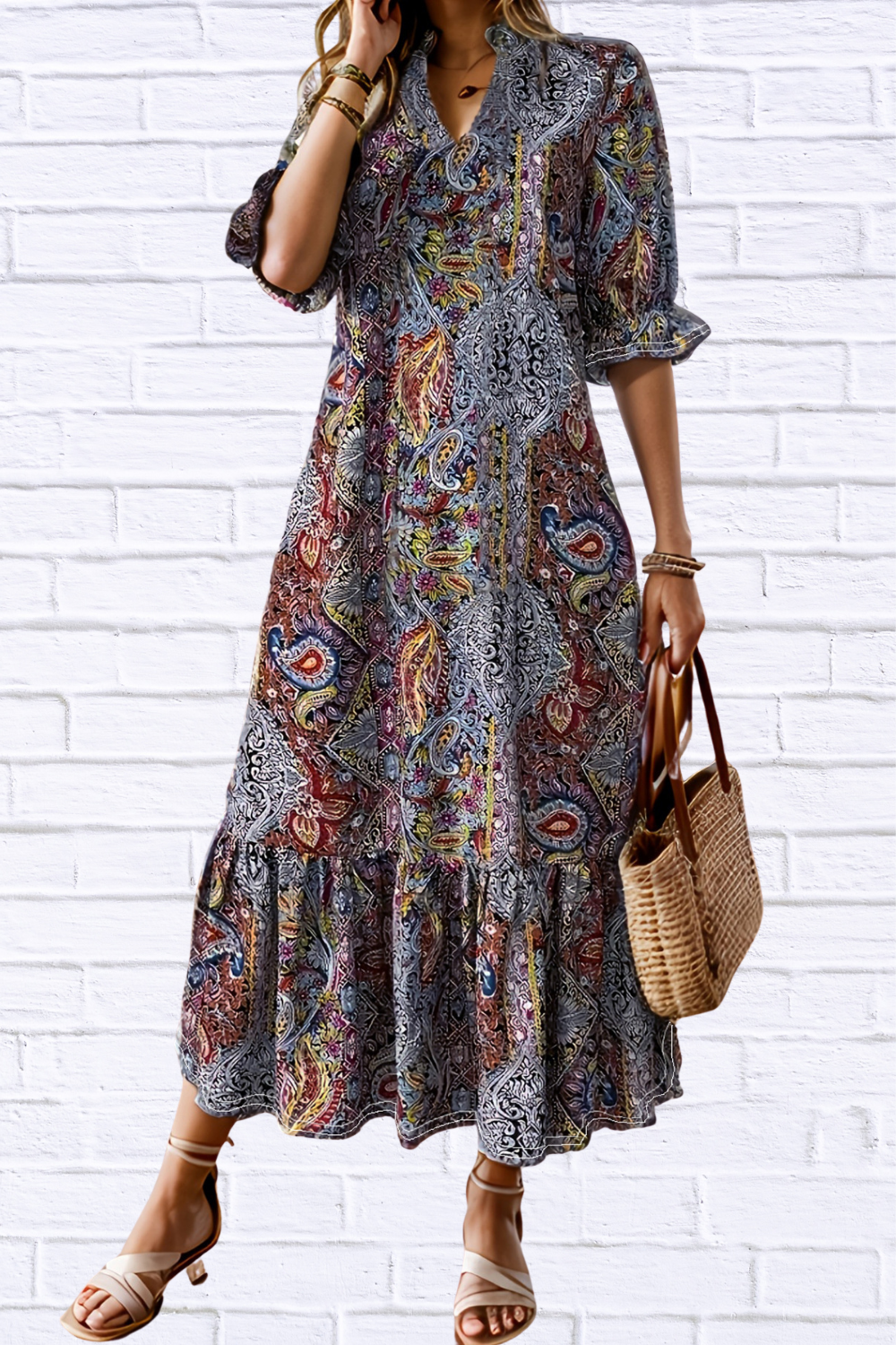 Bohemian Paisley Print Ruffle Hem Midi Dress Red