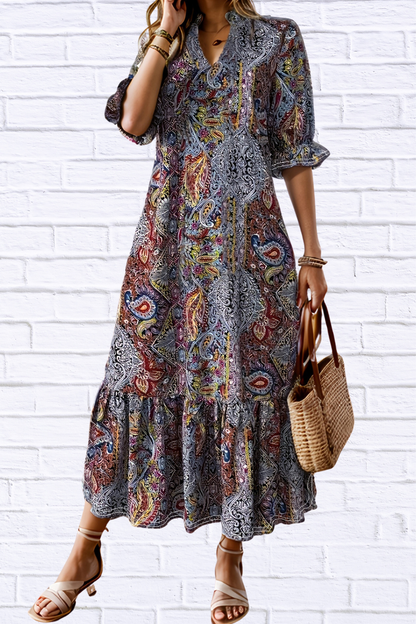 Bohemian Paisley Print Ruffle Hem Midi Dress Red