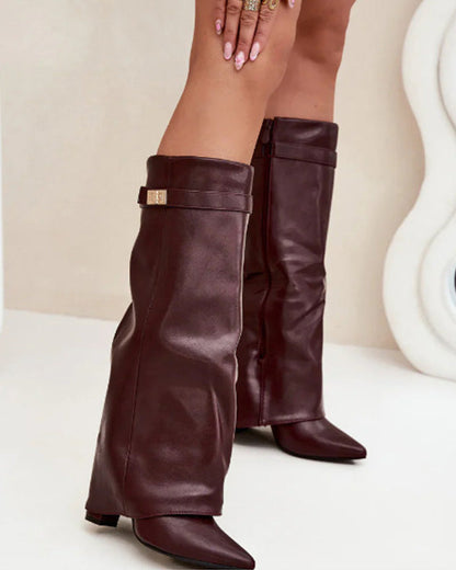 Clidress Pointed Toe Knee Fold Over Leather High Boots