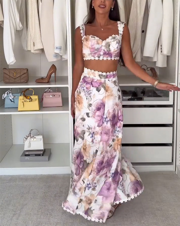 Clidress Boho Chic Floral Top& Skirt Set