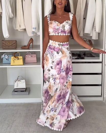 Clidress Boho Chic Floral Top& Skirt Set