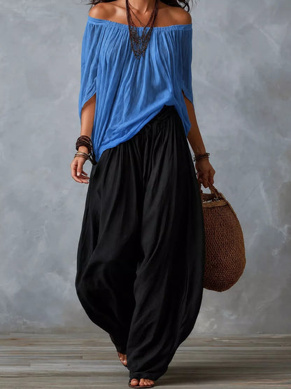 Full Size Off-Shoulder Top and Wide-Leg Harem Pants Set Plus Size