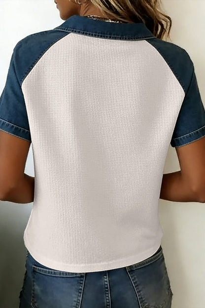 White Textured Color Block Denim Patchwork Polo Collar Tee