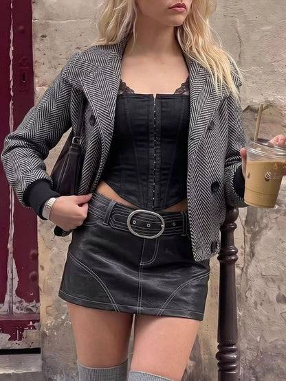 Herringbone Double-Breasted Cropped Outerwear