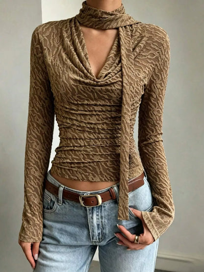 Textured Cowl Neck Long Sleeve Blouse with Scarf Detail