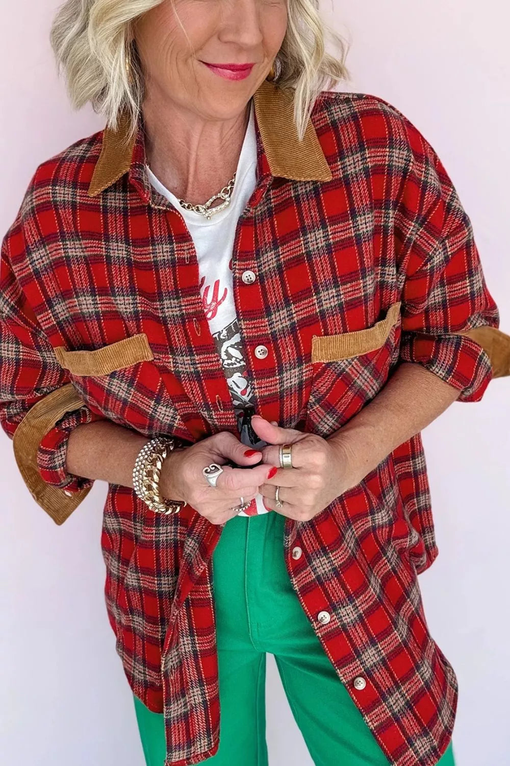 Plaid Corduroy Trim Dropped Shoulder Shacket