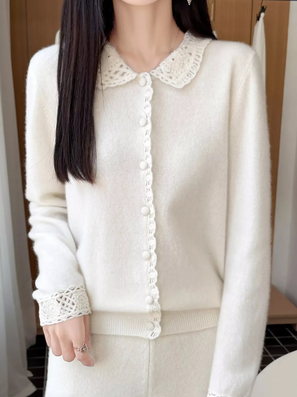 Lace-Collar Button Down Knit Cardigan