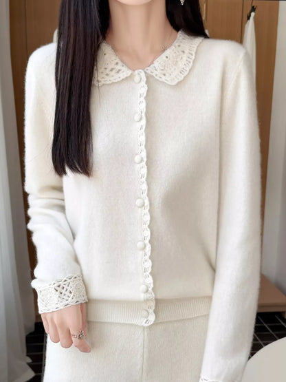 Lace-Collar Button Down Knit Cardigan