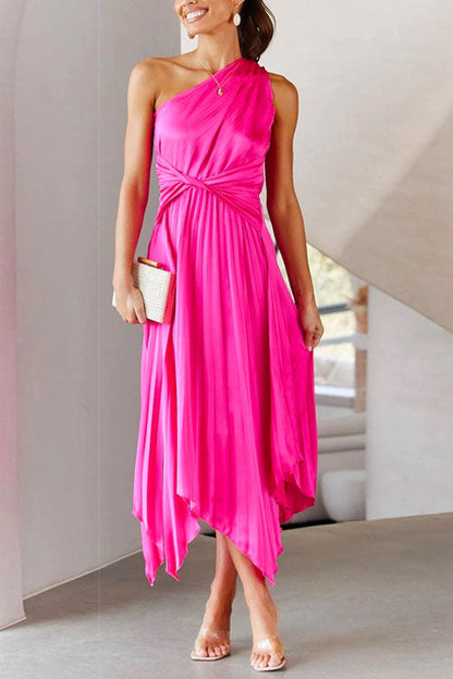 One Shoulder Sleeveless Waisted Swing Dress HotPink