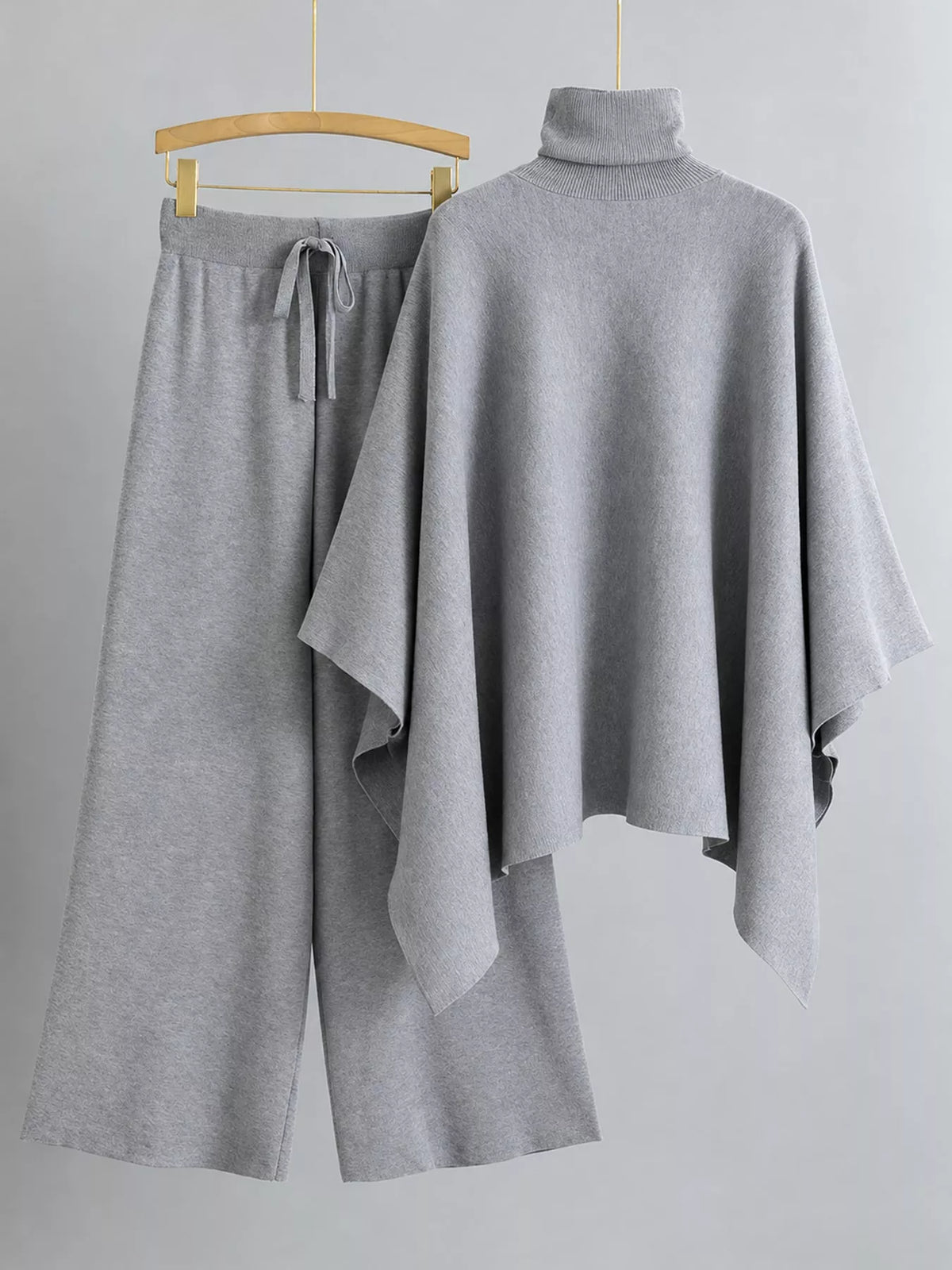 Turtleneck Poncho Pants Set with Wide-Leg Knit Pants