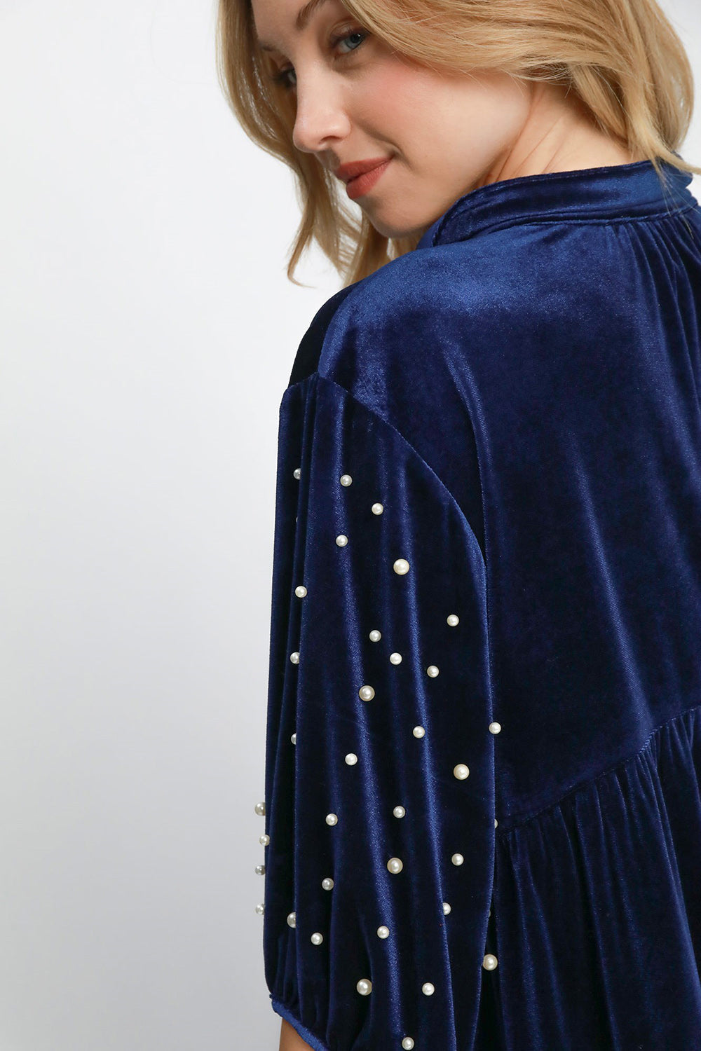 | Umgee Pearl Detail Collared Neck Velvet Babydoll Blouse