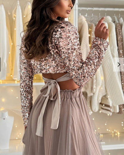 Clidress Sequin Top & Lace Skirt Set