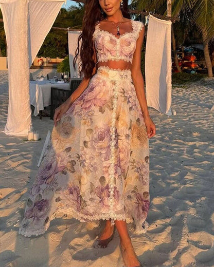 Clidress Boho Chic Floral Top& Skirt Set