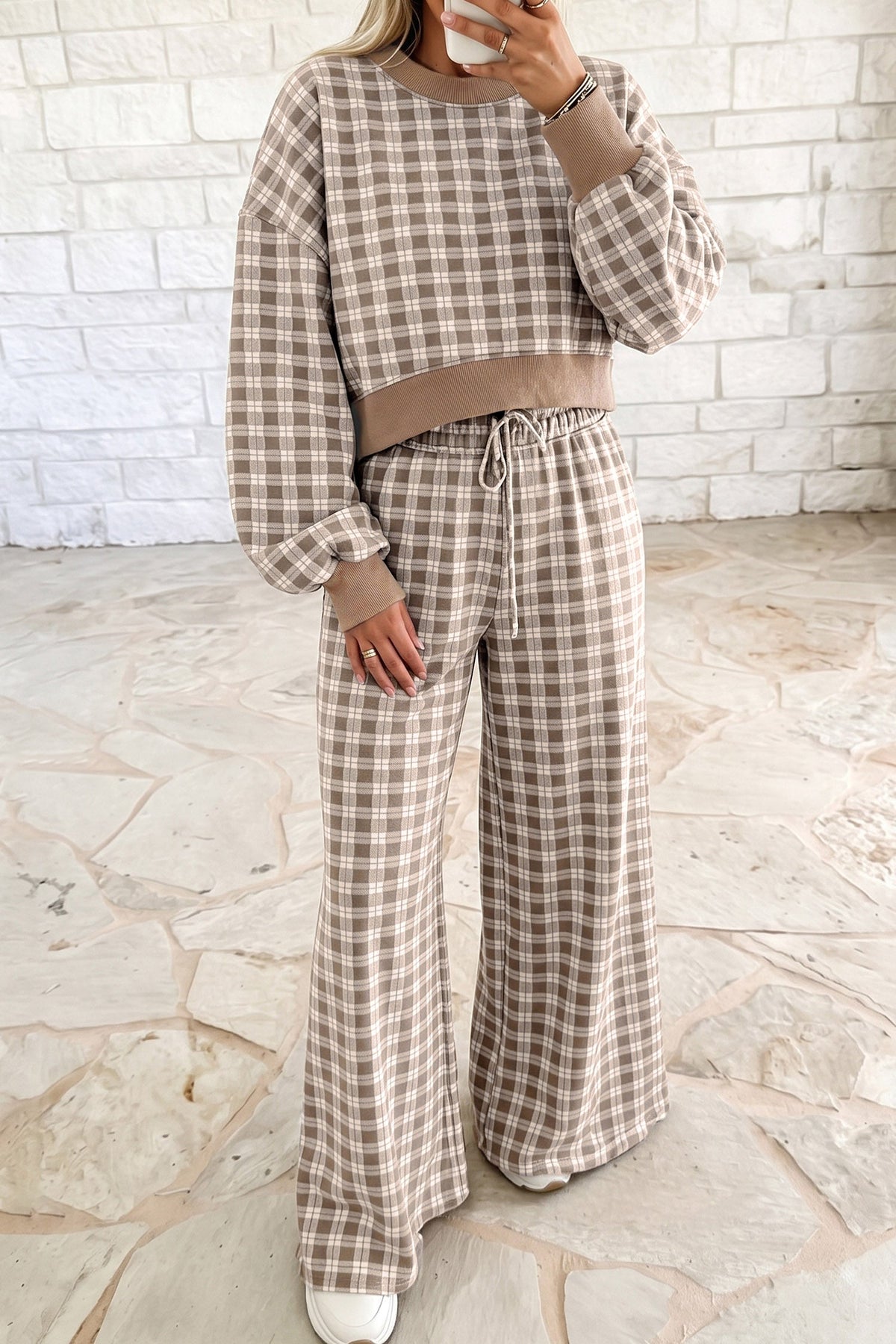Pink Plaid Long Sleeve Drop Shoulder Top Ribbed Color Block Trim Two Piece Pant Set