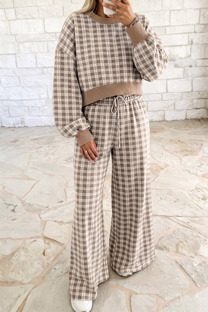 Pink Plaid Long Sleeve Drop Shoulder Top Ribbed Color Block Trim Two Piece Pant Set