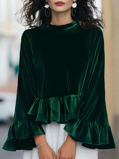 Round Neck Velvet Ruffle-Trim Blouse Emerald Green