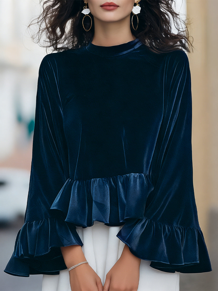 Round Neck Velvet Ruffle-Trim Blouse Dark Blue