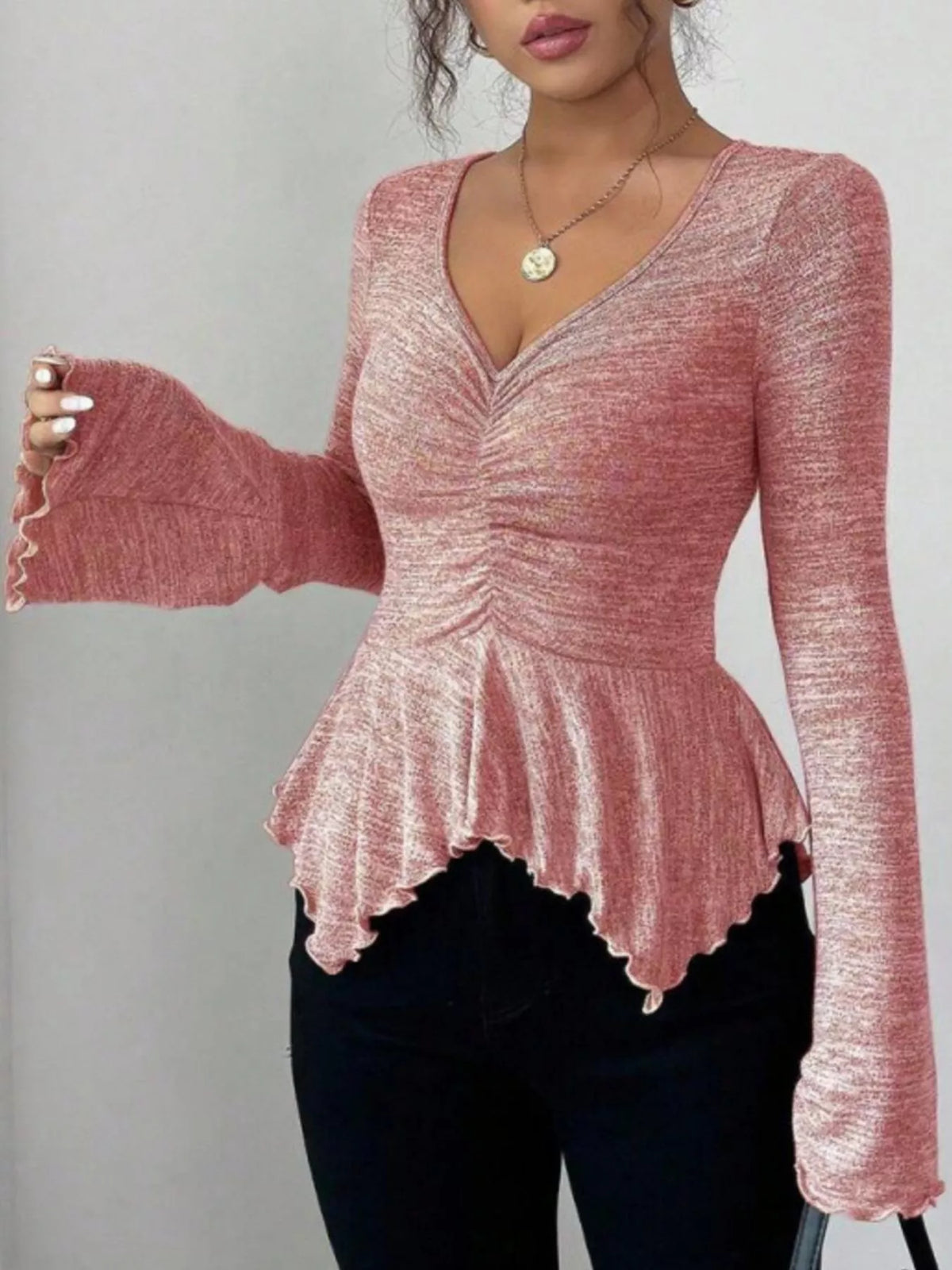 Ruched Flared Sleeves Peplum T-Shirt