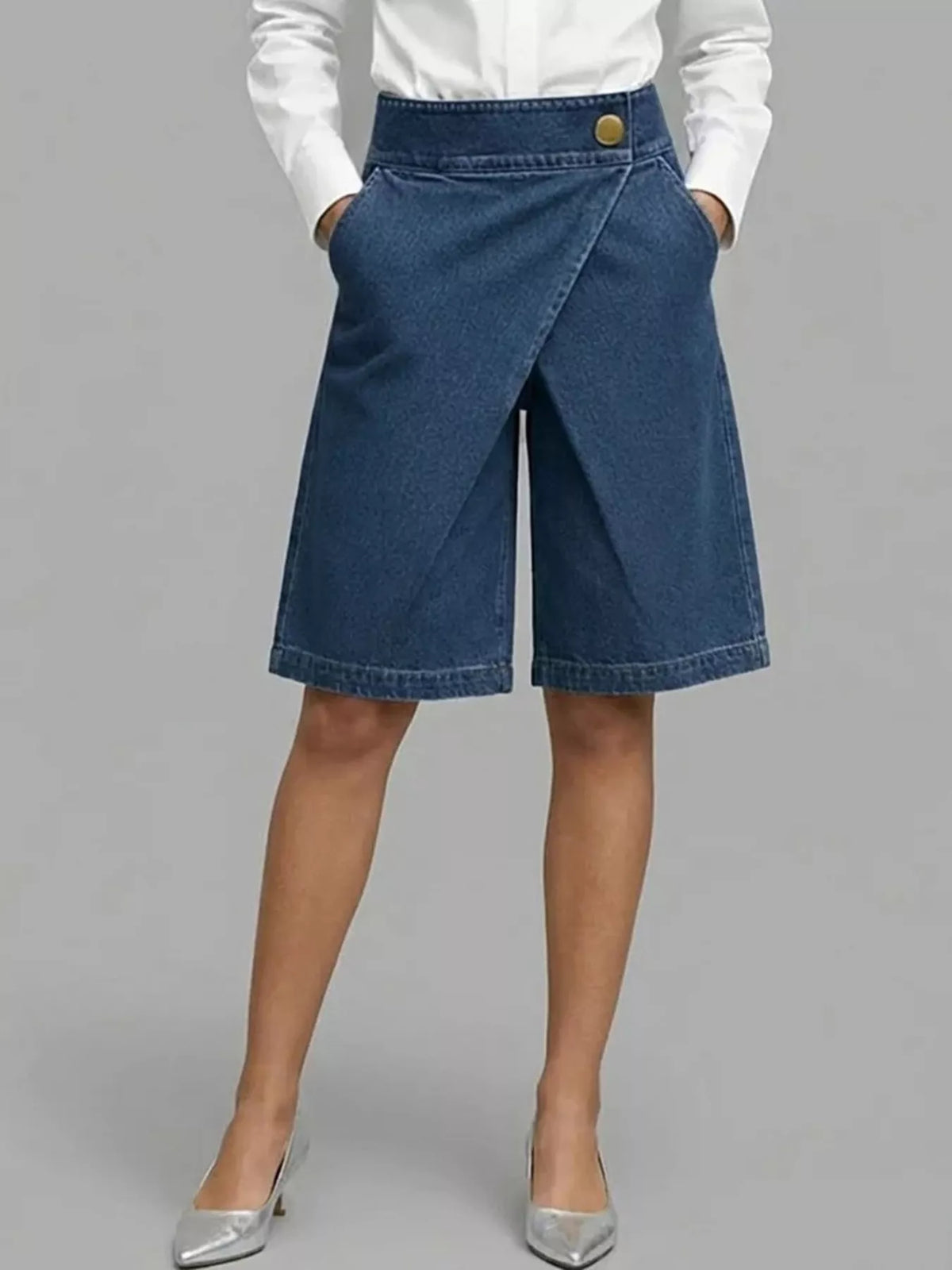 Full Size High-Waisted Wrap-Front Denim Look Shorts Plus Size