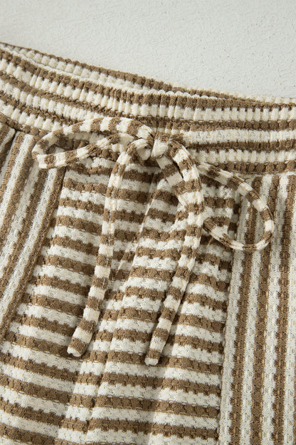 Brown Stripe Breathable Textured Knit Short 2pcs Set