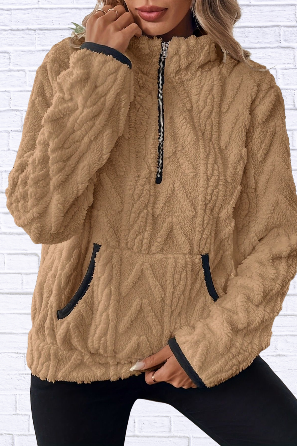 Full Size Half Zip Kangaroo Pocket Sweatshirt Plus Size