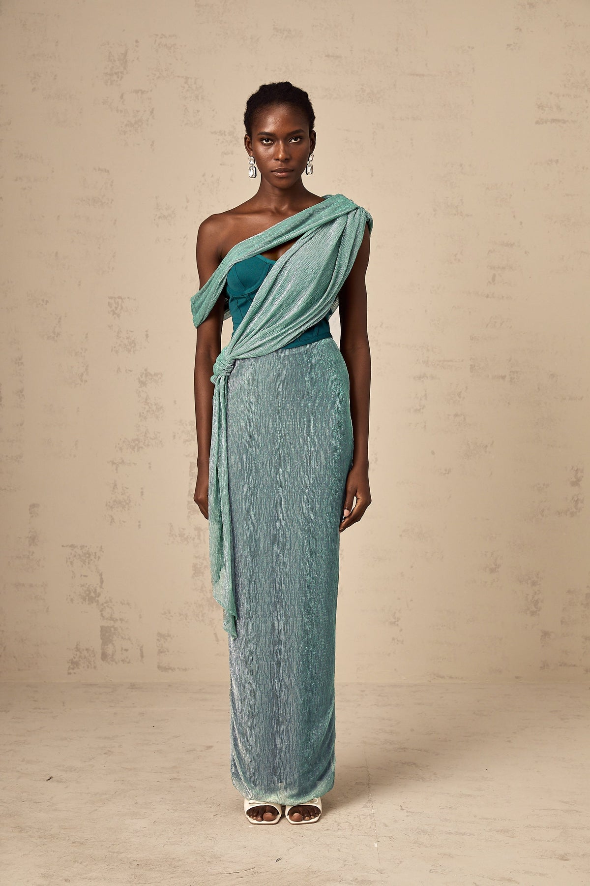 Delphine ribbon-design corset maxi dress in Green