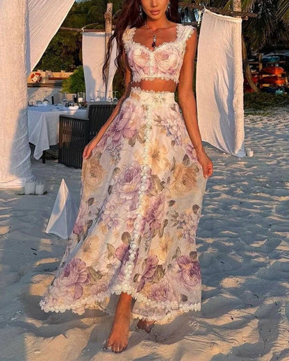 Clidress Boho Chic Floral Top& Skirt Set