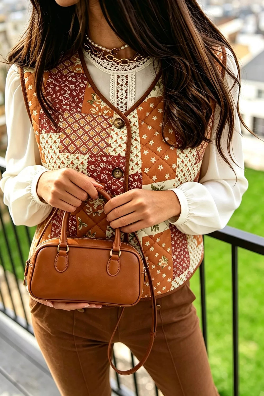 Fleece Quilted Floral Patchwork Contrast Trim V Neck Button Vest