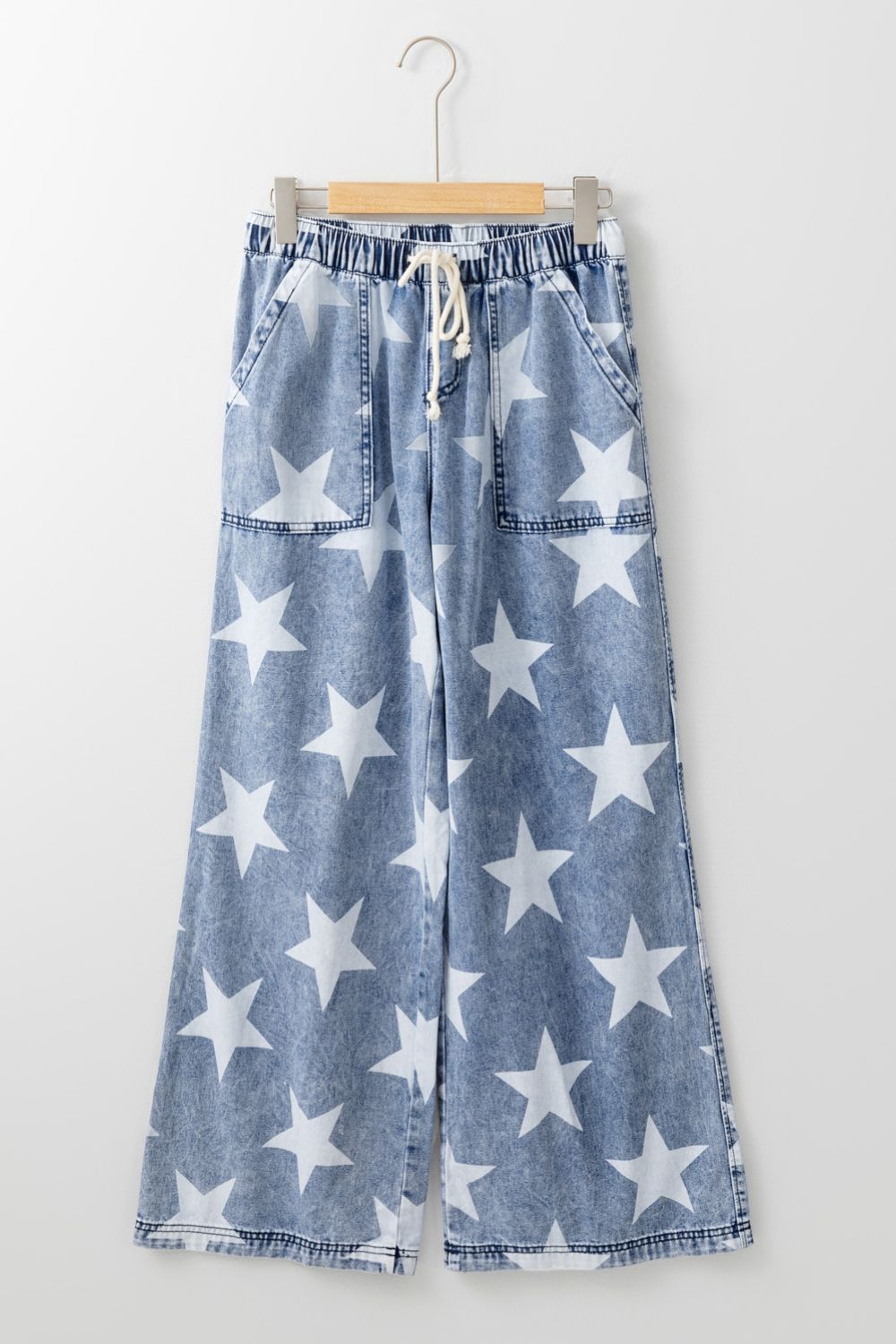 Star Print Washed Drawstring High Waist Wide Leg Jeans