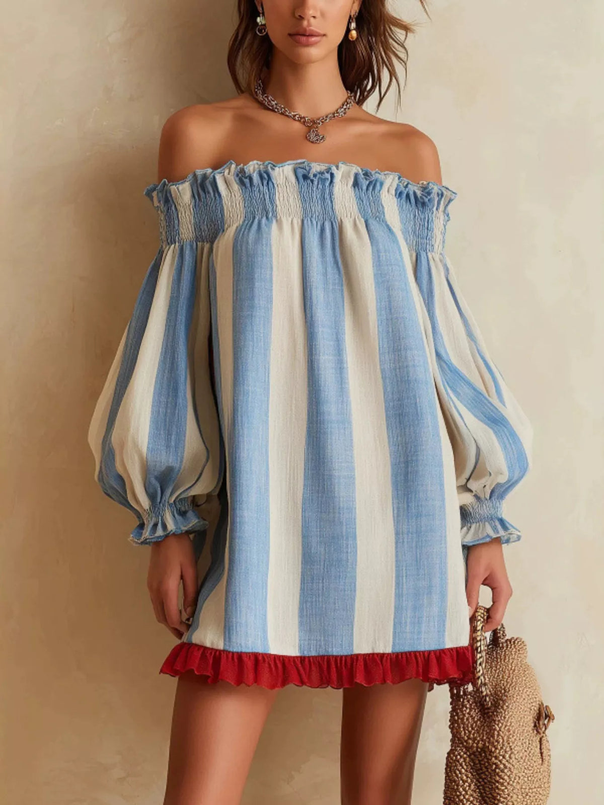 Off-Shoulder Striped Ruffle Hem Mini Dress